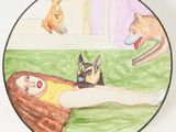 a drawing of a woman laying on the ground with a dog