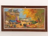 painting of a painting of a street scene with people sitting on the sidewalk