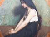 tableau représentant une femme assise sur une chaise, coiffée d'un chapeau