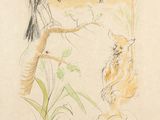 an image of a drawing of a woman feeding a cat