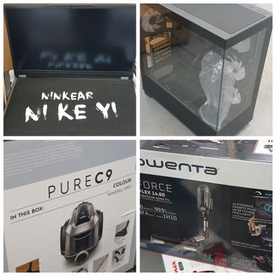 four different pictures of a box with a remote and a tv in it
