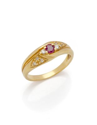 a yellow gold ring with a ruby and white diamonds