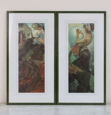 two framed paintings of a woman and a man sitting on a horse
