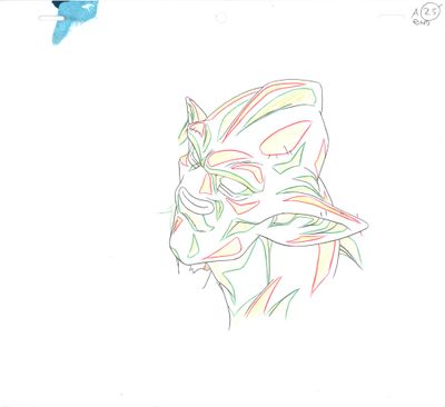un dessin représentant un chat avec un papillon en arrière-plan
