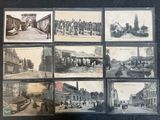 several old black and white photographs of people and horses in a town