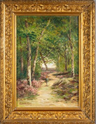 un tableau représentant un sentier dans les bois avec un chien