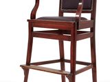 an image of a wooden bar stool with a leather seat