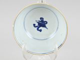 a blue and white plate with a dragon on it