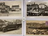 four black and white photographs of old cars and people in a town