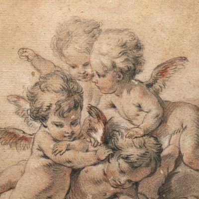 une image représentant un dessin de trois chérubins jouant avec un chat