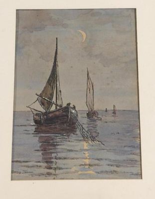 Ecole européenne, vers 1900 Marine nocturne aux barques