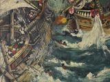un tableau représentant un bateau sur l'eau avec des personnes à bord
