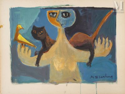 un tableau représentant un homme tenant un chat et un oiseau