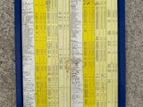 a blue clipboard with a yellow and white timetable on it