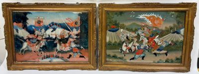 two paintings of a couple of people on a stage with umbrellas