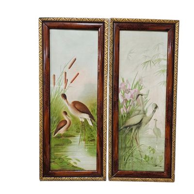 two framed paintings of birds in a pond with reeds and flowers