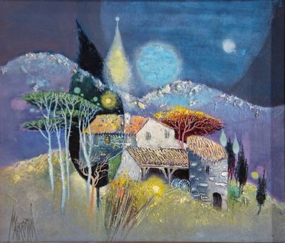 tableau représentant un tableau d'une maison et d'arbres, avec une pleine lune en arrière-plan