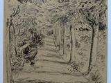 dessin au crayon représentant un banc de parc au milieu d'un espace boisé