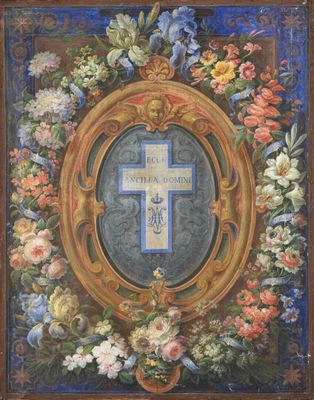 a painting of a cross surrounded by flowers in a frame