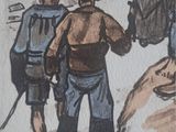 painting of two men walking down a street with a horse and carriage