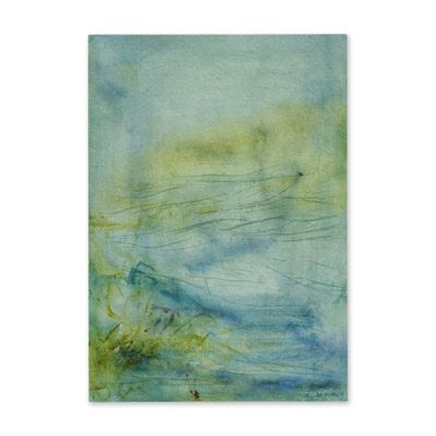 une peinture représentant une œuvre aux couleurs bleues et vertes sur fond blanc