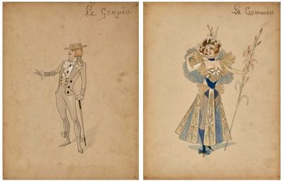 deux dessins représentant un homme et une femme vêtus de tenues élégantes