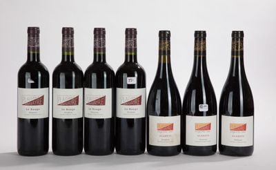 six bottles of red wine lined up in a row on a table