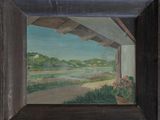 un tableau représentant une vue de paysage à travers une fenêtre