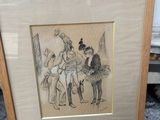 drawing of a man and a woman on a horse in front of a red wall