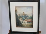 peinture représentant un paysage avec, en arrière-plan, un château perché sur une colline