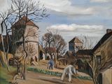 un tableau représentant un homme en train de tondre le gazon dans un village