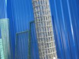 a blue building with a bunch of wire mesh on it