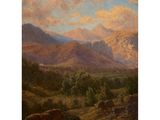 a painting of a mountain scene with cattle grazing in the foreground