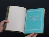 a person holding an open book with a blue cover