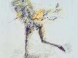 drawing of a man with a backpack on his back holding a tennis racquet