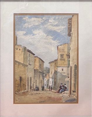 une image représentant un tableau représentant une scène de rue avec un cheval et une calèche