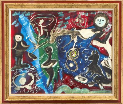 an image of a painting of a group of people on a red and blue background
