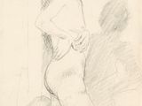 a drawing of a woman standing in front of a mirror