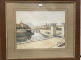 tableau représentant une vue d'un pont et d'une rivière, avec un pont en arrière-plan