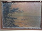 an oil painting of a sunset over the ocean with a boat in the water