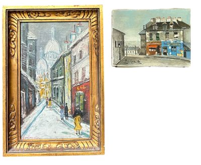 tableau représentant une femme marchant dans la rue, à côté d'une photo d'un immeuble