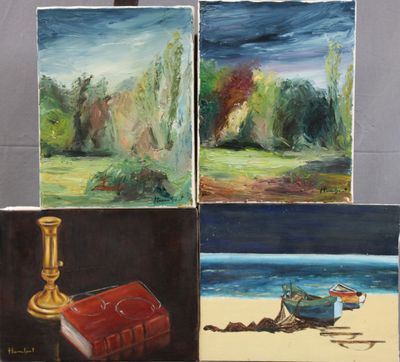 quatre tableaux représentant une scène de plage avec un bateau, un livre, une bougie et un bougeoir