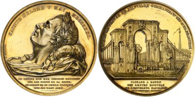 a close up of a coin with a statue on it