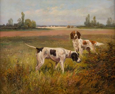 tableau représentant deux chiens dans un champ, avec une maison en arrière-plan