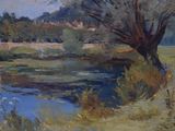 painting of a river with a house in the background and a tree in the foreground