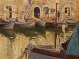 a painting of a boat in the water with a building in the background