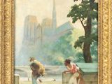 une image représentant un tableau où l'on voit deux enfants jouant avec un chien