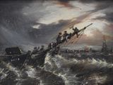 a painting of a group of people on a boat in the ocean