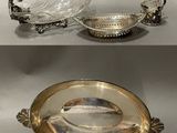 deux photos d'un plateau en argent sur lequel est posé un bol en verre