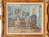 an image of a painting of a woman sitting at a table in a room